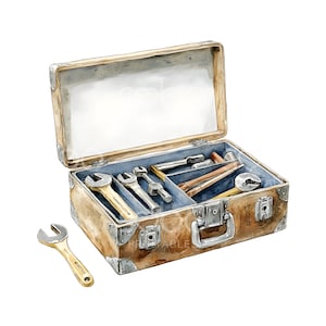 May include: A brown wooden toolbox with a metal latch and handle. The toolbox is open and contains a variety of tools, including wrenches, screwdrivers, and pliers.