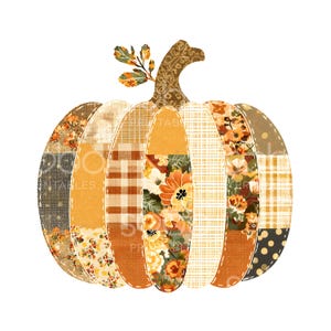 May include: A decorative pumpkin illustration with a patchwork design. The pumpkin is composed of various fabric patterns in shades of orange, yellow, brown, and cream, with a brown stem and green leaves. The design is reminiscent of autumn and fall.