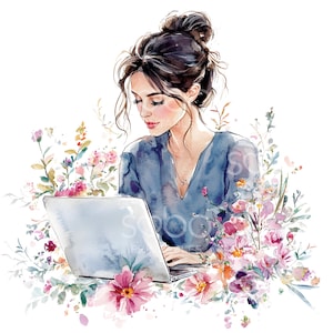 20 Clipart di donna con laptop, donna floreale, JPG di alta qualità, arte acquerello stampabile, download digitale, artigianato di carta, diario spazzatura S173
