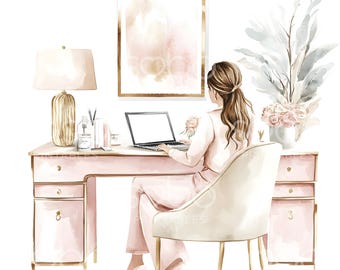 13 Pink Desk with Woman Clipart, Boss Lady, Wall Art, Girl Boss Clipart, High Quality JPG, Digital Download, Paper Craft, Junk Journal S240