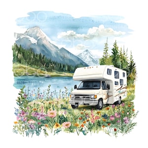 24 cliparts nature camping-car, remorque de camping, aventure, camping, voyages, fichiers JPG de haute qualité, téléchargement numérique, créations en papier, journal indésirable S909