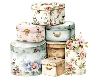 Könnte beinhalten: Ein Stapel dekorativer Schachteln in verschiedenen Formen und Größen, verziert mit floralen Mustern in Pastellfarben. Die Schachteln haben goldfarbene Verschlüsse und Griffe. Eine Vase mit rosa Rosen steht daneben.