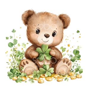 May include: A brown teddy bear sitting on a bed of green shamrocks and gold coins. The bear is holding a four-leaf clover in its paws.