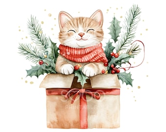 27 Xmas Cat Box Clipart, Festive Cats, Watercolour Christmas Card, High Quality JPG, Digital Download, Paper Craft, Junk Journal U179