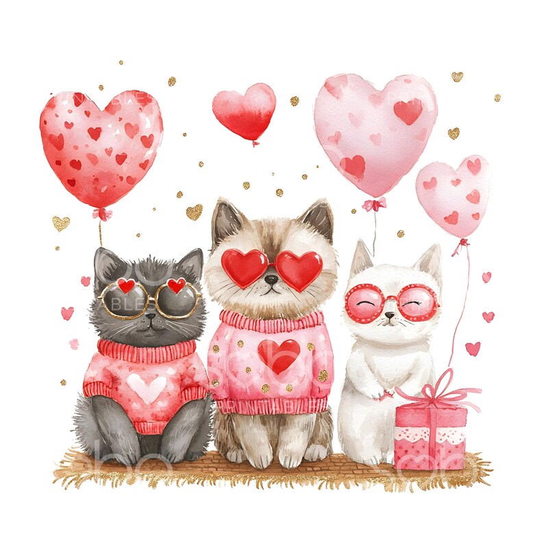May include: Three watercolor illustrations of cats wearing heart-shaped sunglasses and sweaters with hearts. The cats are sitting on a gold surface with pink and red hearts floating around them.