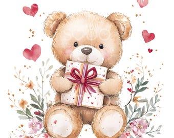 24 Valentine Teddy Clipart, Cute Teddy Bear Love Gift, Valentine Printable Watercolor, High Quality JPGs, Digital Download, Paper Craft S415