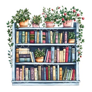 May include: A blue wooden bookcase with three shelves filled with colourful books. The top shelf has potted plants with pink flowers. The bookcase is against a white background.