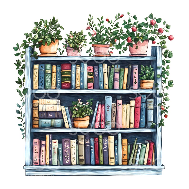 May include: A blue wooden bookcase with three shelves filled with colourful books. The top shelf has potted plants with pink flowers. The bookcase is against a white background.