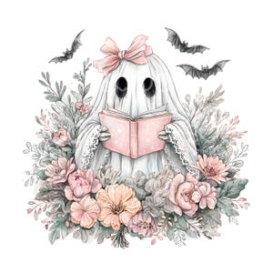 May include: A whimsical illustration of a ghost wearing a pink bow and reading a pink book, surrounded by flowers and bats. The ghost is draped in a white sheet with lace trim. The flowers are in shades of pink, peach, and green.