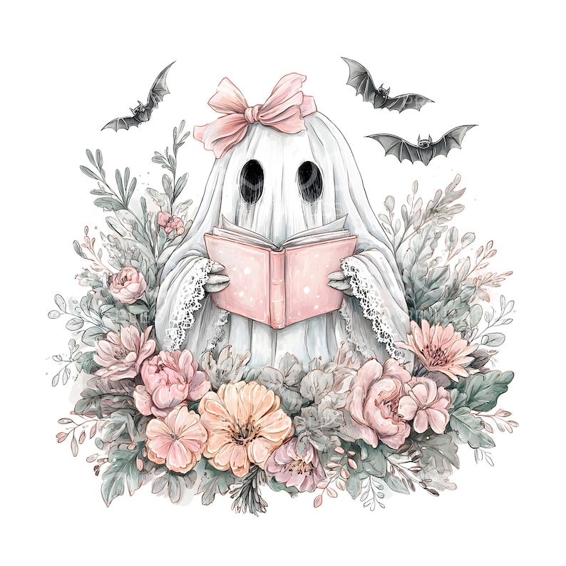 May include: A whimsical illustration of a ghost wearing a pink bow and reading a pink book, surrounded by flowers and bats. The ghost is draped in a white sheet with lace trim. The flowers are in shades of pink, peach, and green.