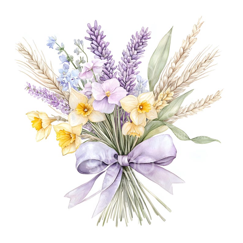 May include: A watercolor painting of a bouquet of lavender, daffodils, and wheat tied with a purple ribbon.