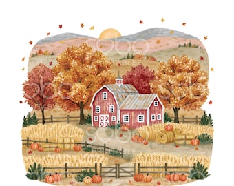 30 Fall Barn Landscape Clipart, Cute Apple Autumn Village Scenes, Fall Town Street, High Quality JPGs, Digital Download, Paper Craft U306