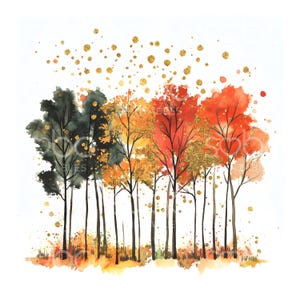 May include: Watercolor painting of a forest with trees in shades of green, orange, and red. Gold glitter accents the leaves and falls from the sky. The artwork is on a white background.