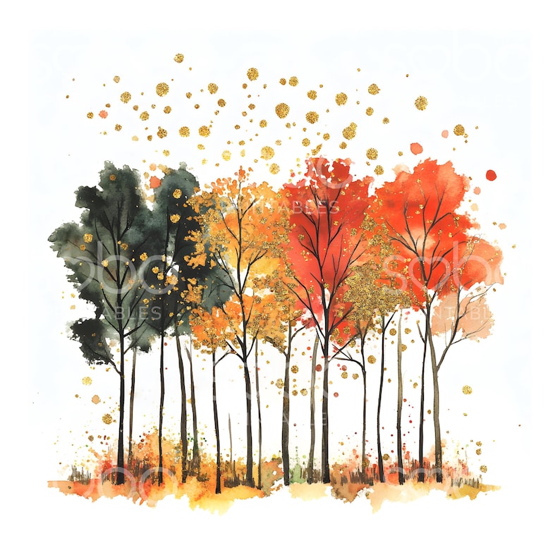 May include: Watercolor painting of a forest with trees in shades of green, orange, and red. Gold glitter accents the leaves and falls from the sky. The artwork is on a white background.