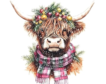 24 Xmas Cow Portrait Clipart, Christmas Highland Cow Clipart, Farm Clipart, Printable Watercolor Clipart, Digital Download, Paper Craft U171