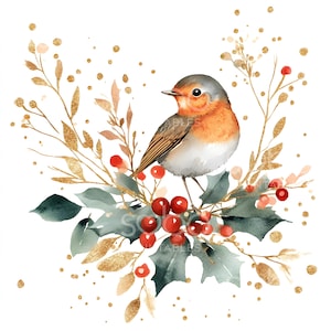 21 Weihnachten Rotkehlchen Clipart, Gold Weihnachten, Aquarell Weihnachtskarte, Hohe Qualität JPG, Digital Download, Papierhandwerk, Junk Journal S291