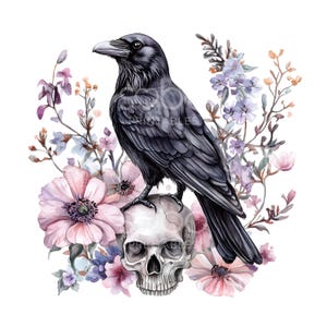 21 imágenes prediseñadas de calavera de cuervo floral, imágenes prediseñadas de Halloween, acuarela imprimible, archivos JPG de alta calidad, descarga digital, manualidades de papel, diario basura S858