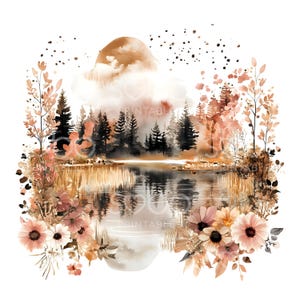 20 clipart de lago boho floral, paisagem de lago, JPGs de alta qualidade, arte para impressão em aquarela, download digital, artesanato em papel, diário de sucata S761