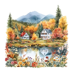 18 Casas de Outono no Lago, New Hampshire, Arte de Parede de Outono, Clipart de Aquarela, Clipart para Impressão, Download Digital, Papel Artesanal S977
