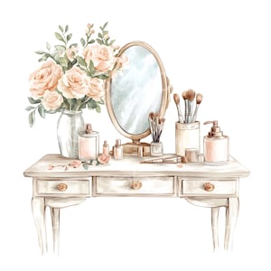 Puede incluir: Una mesa de tocador blanca con tres cajones y un espejo con marco dorado. Un ramo de rosas rosas se encuentra en un jarrón sobre la mesa. Hay varias botellas de perfume y pinceles de maquillaje sobre la mesa.