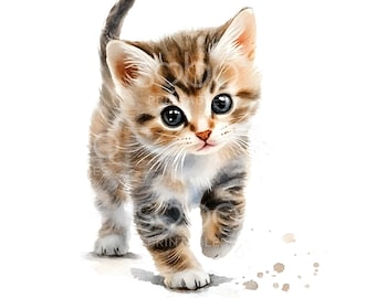 Könnte beinhalten: Ein Aquarellbild eines süßen braunen Tabby-Kätzchens mit großen blauen Augen, das auf die Kamera zugeht. Das Kätzchen befindet sich auf einem weißen Hintergrund mit braunen Aquarellspritzern.