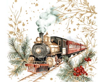 May include: Watercolor illustration of a vintage train with a black and gold engine and red passenger cars. The train is on tracks, surrounded by gold glitter branches, green pine needles, and red berries, evoking a festive holiday theme.