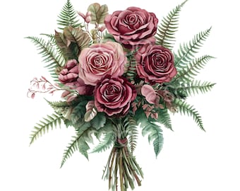 27 clipart de buquê cor de vinho, rosas escuras cor de vinho, aquarela para impressão, JPGs de alta qualidade, download digital, artesanato em papel, diário de sucata U24