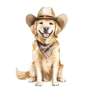27 cliparts cowboy retriever, golden retriever, aquarelle imprimable, fichiers JPG de haute qualité, téléchargement numérique, créations en papier, journal indésirable S836
