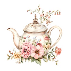 22 Floral Teapot Clipart, Vintage Tea Party, Printable Watercolor Art, High Quality JPGs, Digital Download, Paper Craft, Junk Journal S768