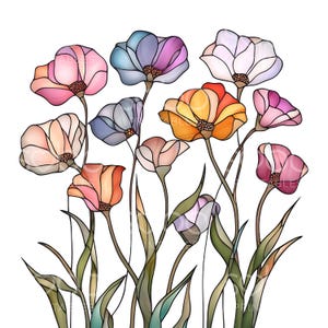 23 Witrażowe Kwiaty Polne Clipart, Abstrakcyjne Kwiaty Ścienne Sztuka, Wysokiej Jakości JPG, Pobieranie Cyfrowe, Rękodzieło Papierowe, Dziennik Śmieci S269