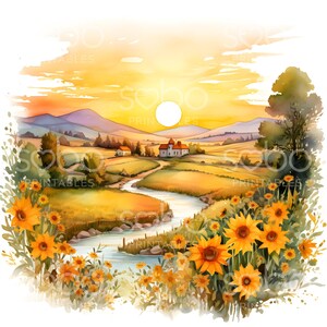 Könnte beinhalten: Ein Aquarellbild einer ländlichen Landschaft mit einem gewundenen Fluss, einem kleinen Dorf und einer strahlend gelben Sonne am Himmel. Im Vordergrund befindet sich ein Feld mit blühenden Sonnenblumen.