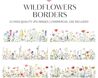 22 Wildflower Borders Clipart, Wildflowers Border Clipart, Digital Clipart, Watercolor, High Quality JPGs, Paper Craft, Junk Journal S95