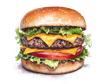 20 Clipart de savoureux hamburgers, des cliparts de restauration rapide, des hamburgers, des cliparts aquarelle imprimable, des fichiers JPG de haute qualité, en téléchargement numérique, Junk Journal S514