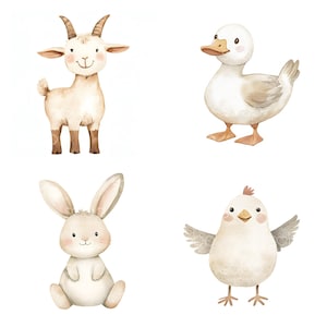 May include: Watercolor illustrations of farm animals including a goat, duck, bunny, and chick. The goat is tan with horns, the duck is white with a yellow beak, the bunny is white with long ears, and the chick has small wings.