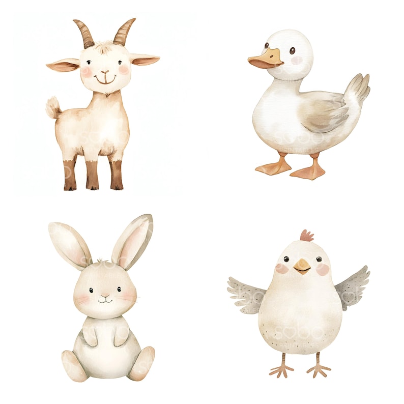 May include: Watercolor illustrations of farm animals including a goat, duck, bunny, and chick. The goat is tan with horns, the duck is white with a yellow beak, the bunny is white with long ears, and the chick has small wings.