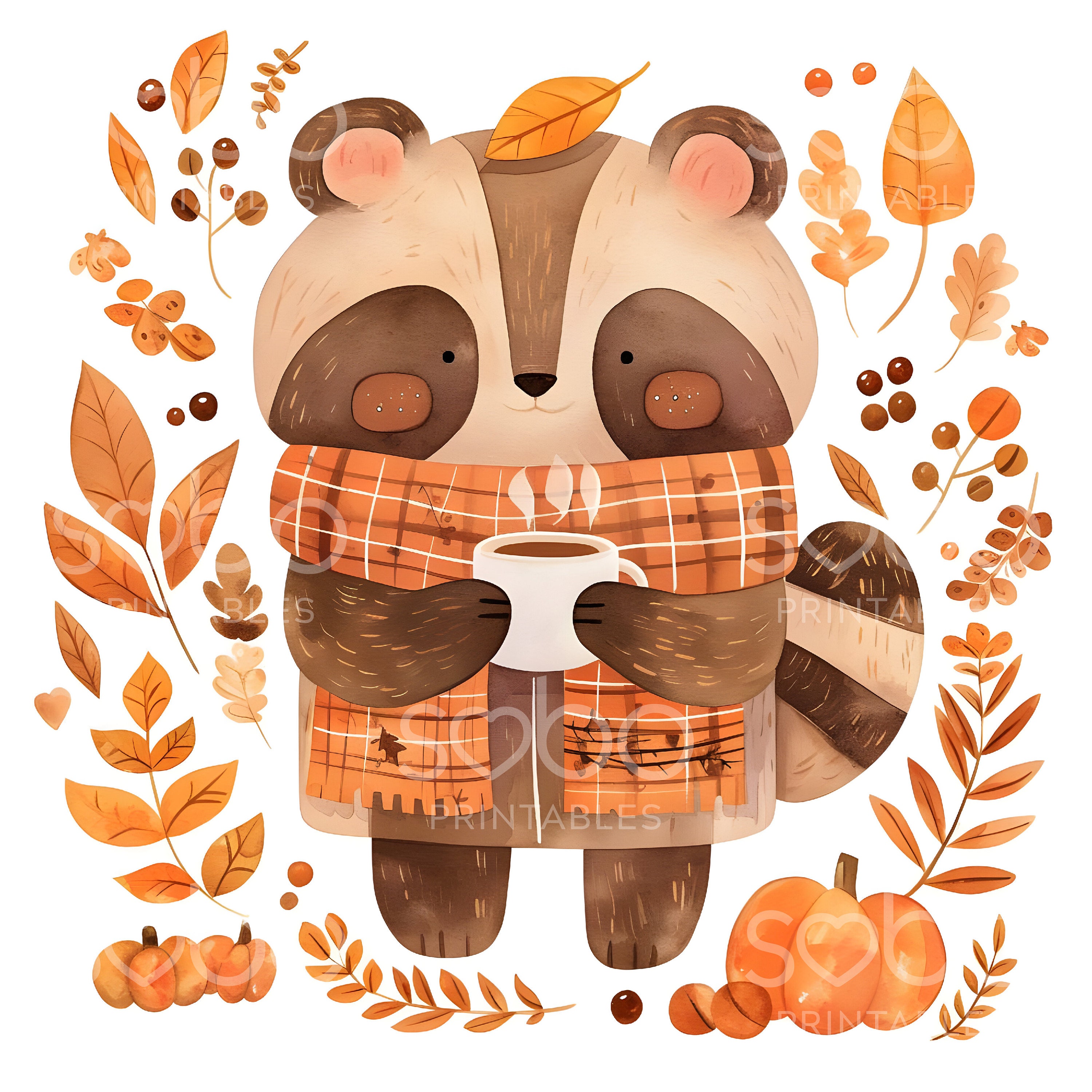 Cute Fall Raccoon Clipart - 11 High Quality Jpgs, Wall Art, Scrapbook ...