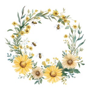 May include: A watercolour illustration of a floral wreath. It features yellow sunflowers, small yellow flowers, and green leaves. Several bees are scattered around the wreath. The design is on a white background.