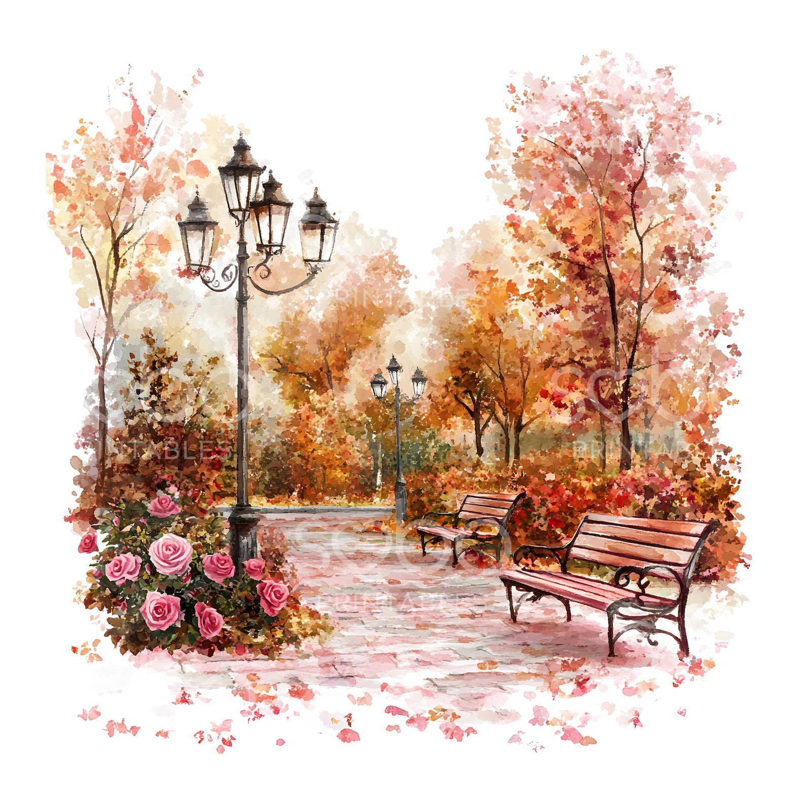 28 Autumn Fall Bench Clipart, Autumn Garden, Printable Watercolor ...