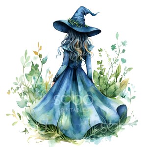 May include: A watercolour illustration of a witch wearing a blue dress and a pointed hat, walking through a field of green foliage.