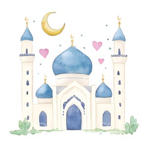 May include: A watercolor illustration of a blue mosque with a crescent moon and pink hearts. The mosque has a large blue dome and two tall minarets.