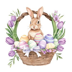 Couronne de 19 paniers avec clipart lapin, lapins de Pâques, carte de Pâques florale, JPG de haute qualité, téléchargement numérique, créations en papier, journal indésirable S387