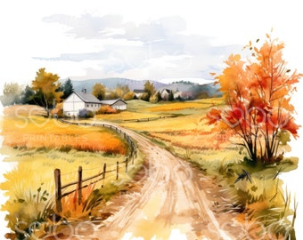 May include: A watercolor painting of a rural landscape with a winding dirt road leading through a field of golden wheat.  The road passes by a small white farmhouse and a cluster of trees with vibrant orange and red leaves.