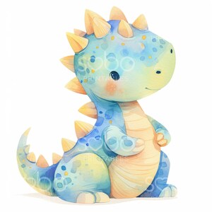 May include: A watercolor illustration of a blue and yellow cartoon dinosaur with a friendly expression. The dinosaur has a spiky back and a long tail.