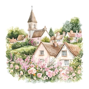 24 Vintage Floral Church Clipart, Church Art, Printable Watercolor Art, High Quality JPG, Digital Download, Paper Craft, Junk Journal S870