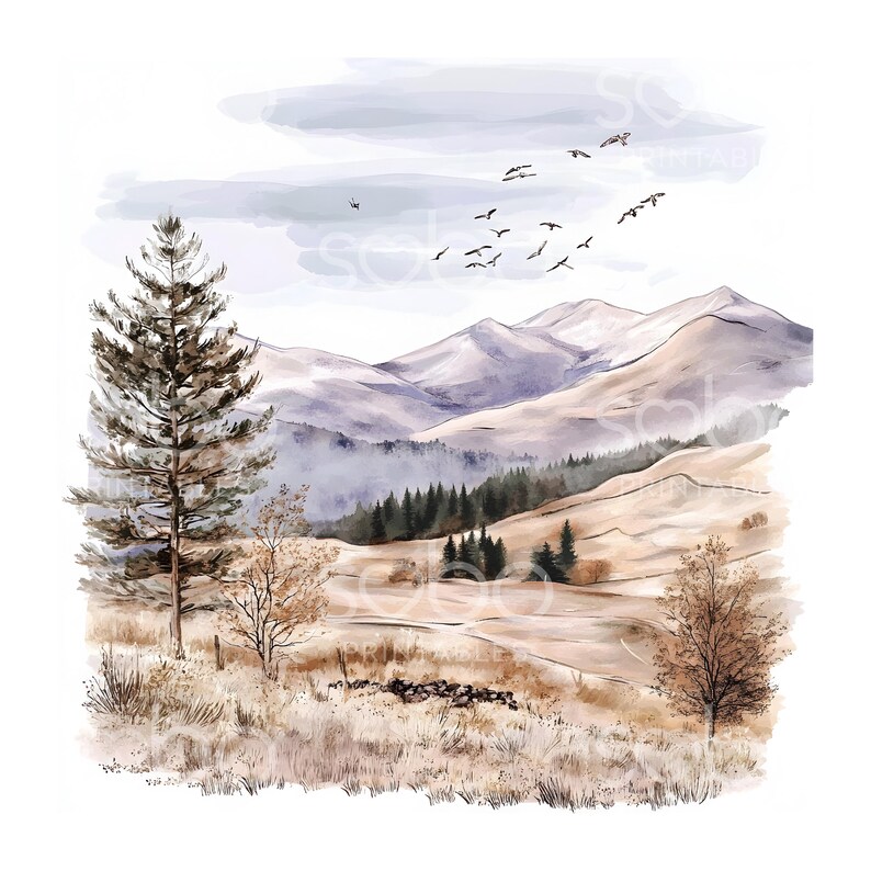 May include: Watercolor landscape art print featuring a mountain range, a tall pine tree, and a flock of birds in flight. The artwork uses a muted color palette of beige, brown, and gray, evoking a serene, natural scene.