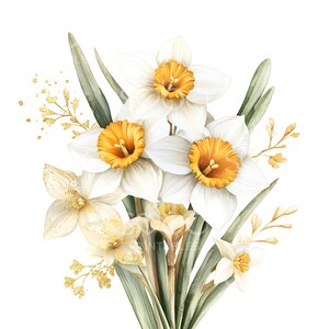 May include: A watercolor painting of a bouquet of white and yellow daffodils with green leaves and gold glitter accents.