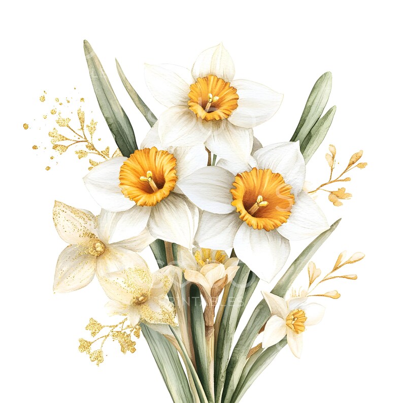 May include: A watercolor painting of a bouquet of white and yellow daffodils with green leaves and gold glitter accents.