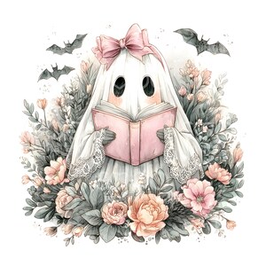 May include: Watercolor illustration of a friendly ghost reading a pink book, surrounded by flowers and bats. The ghost wears a pink bow and a white sheet with lace trim. The flowers are in shades of pink and peach.
