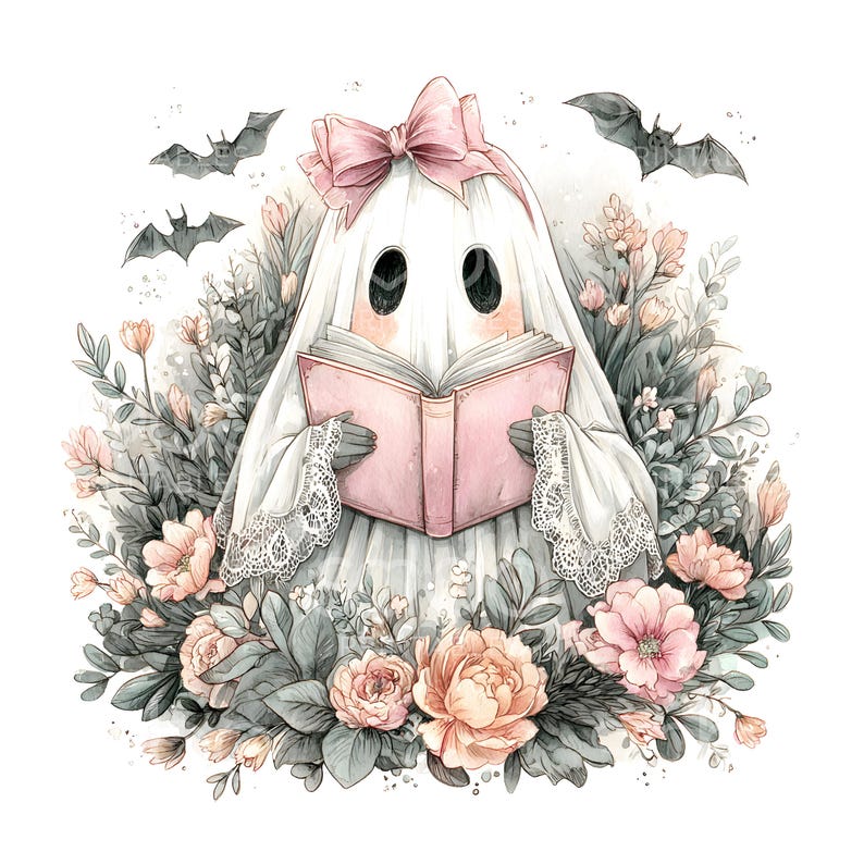 May include: Watercolor illustration of a friendly ghost reading a pink book, surrounded by flowers and bats. The ghost wears a pink bow and a white sheet with lace trim. The flowers are in shades of pink and peach.