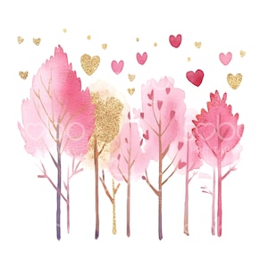 24 árboles rosados con corazones, imágenes prediseñadas, corazón abstracto, acuarela imprimible para San Valentín, archivos JPG de alta calidad, descarga digital, manualidades de papel S411